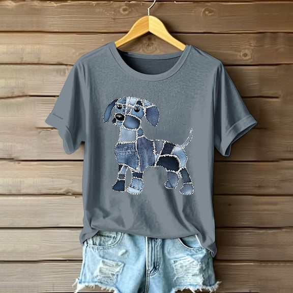 Qulqfy Womens Puppy Shirts Cute Cartoon Dog Print Shirts Graphic Short Sleeve Women's Gray Tops L