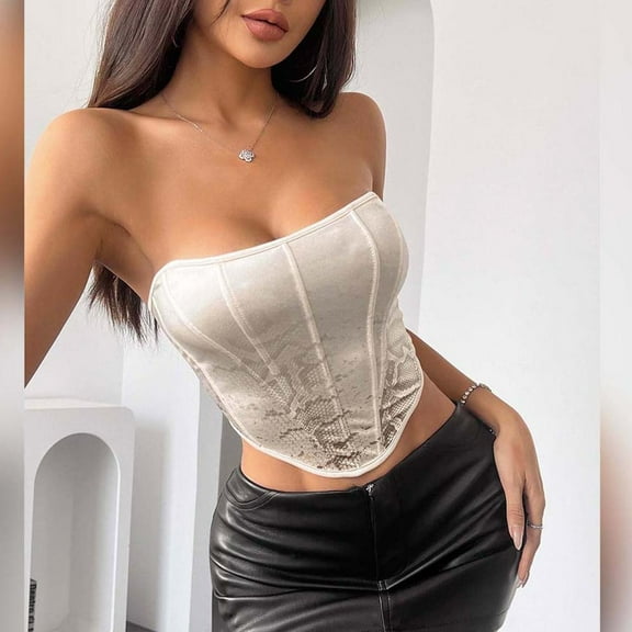 Qulqfy Womens Renaissance Corset Beige Fashion Overbust Shapewear Boned Solid Strapless Corset Tops for Women
