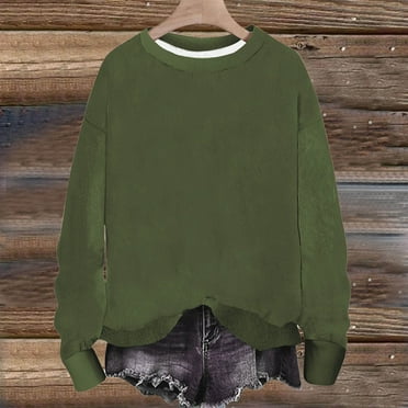 Qulqfy Womens Ribbed Sweatshirts Long Sleeve Crew Neck Pullover Green Sweatshirts Plain Women Fall Tops L