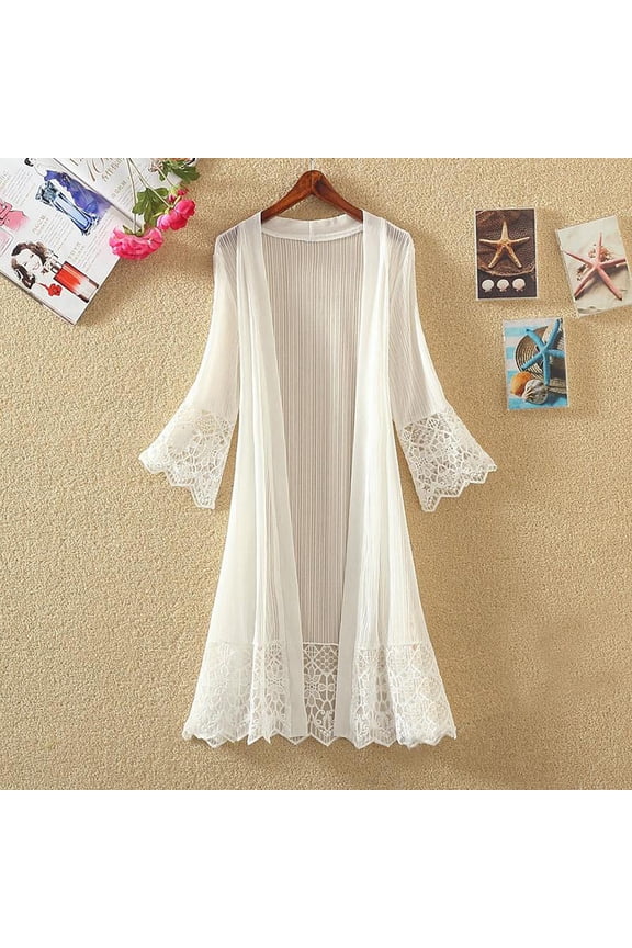 Womens Sheer Duster Cardigan Open Front White Lightweight Long Sleeve Cover Up Fall Lace Tops for Women M