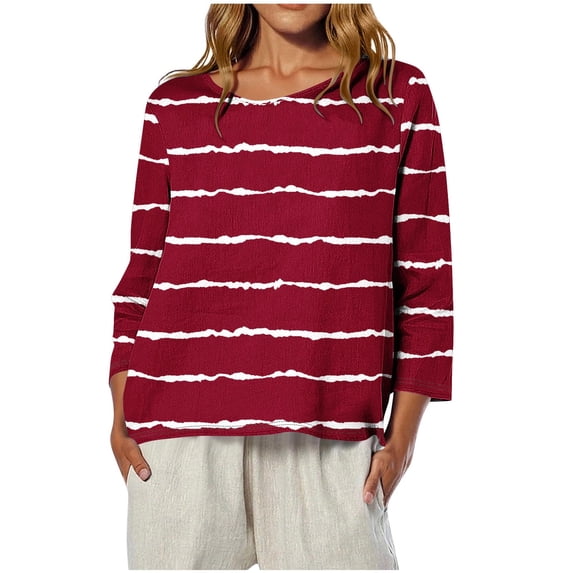 Qulqfy Womens Shirt Linen Red 3/4 Sleeve Striped Blouse Summer Casual Crew Neck Spring Tops for Women XXL