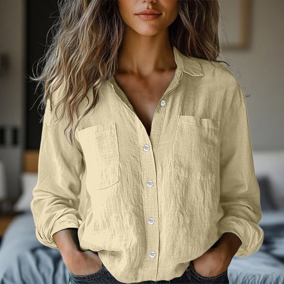 Qulqfy Womens Shirt Yellow Long Sleeve Linen Button Down Shirts Spring Lightweight Collared Summer Tops for Women S