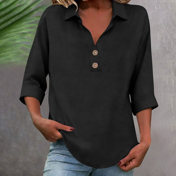 Qulqfy Womens Shirts Casual Plus Size Henley Cotton Linen 3/4 Sleeve Black Blouse Spring with Collar Solid Tops for Women L