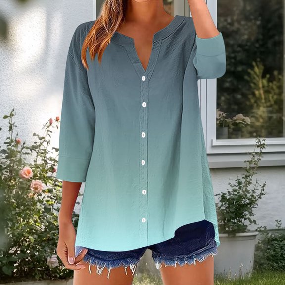 Qulqfy Womens Shirts Green V Neck Linen 3/4 Sleeve Button Down Shirts Work Spring Summer Tops for Women S