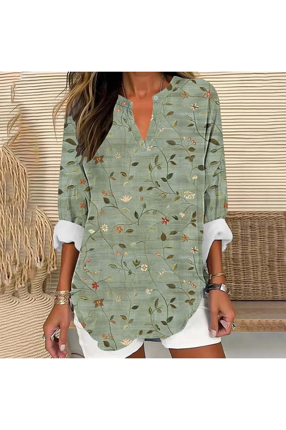 Womens Shirts Linen Long Sleeve Plus Size V Neck Blouse Work Spring Floral Tops for Women L
