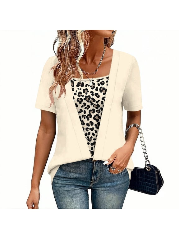 Womens Short Sleeve Tshirts Double Layer Leopard Print Shirts Casual Crew Neck Tops Womens Dressy Tops XXL