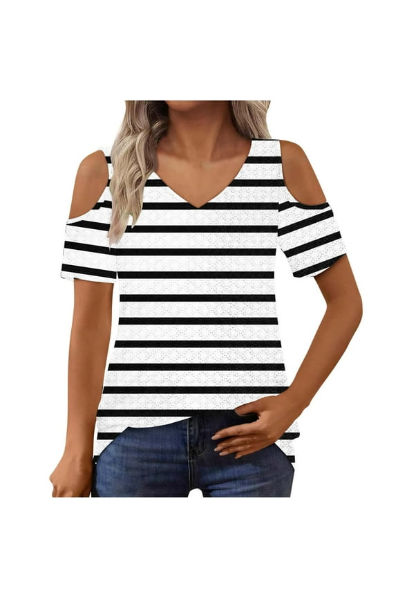 Womens Short Sleeve Tshirts Graphic Cold Shoulder Cutout Shirts V Neck Casual Tops Womens Holiday Tops Dressy XL