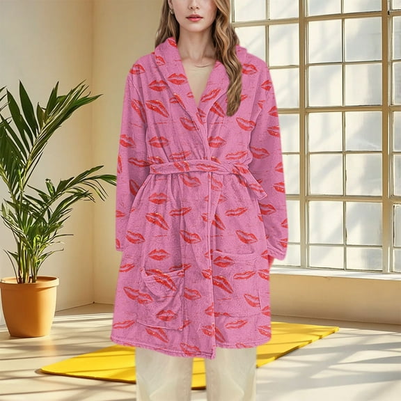 Qulqfy Womens Soft Robes Pink Plush Flannel Fleece Fuzzy Fluffy Nightgowns with Belt Women Pajamas L