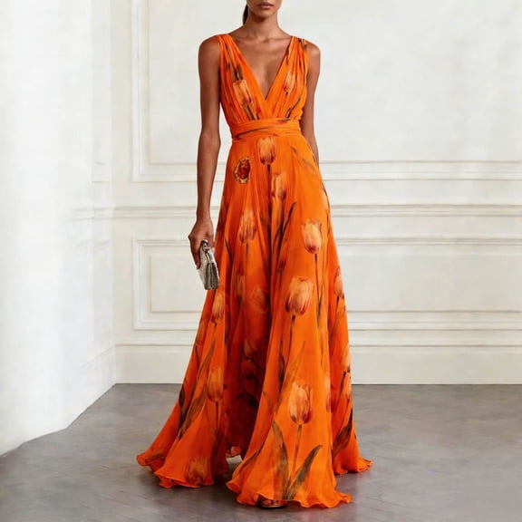 Qulqfy Wedding Guest Womens Summer Dresses Boho Orange Casual Maxi Sleeveless Floral V-Neck Flowy Corset Elegant Beach Long Dresses M