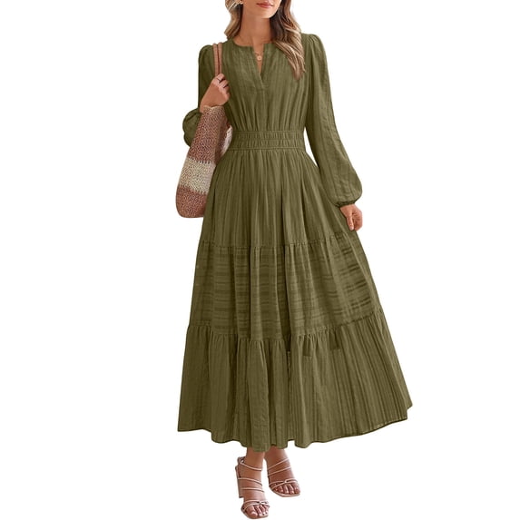 Qulqfy Boho Womens Summer Dresses Casual Maxi Wedding Guest Army Green Long Sleeve Flowy Plain Puff V-Neck Ruched Beach Long Dresses L