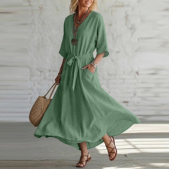 Qulqfy Womens Summer Dresses Cotton Linen A-Line Maxi Dress 3/4 Sleeve Plus Size Mint Green V-Neck Casual Pleat Flowy Vacation Sundress with Pockets M
