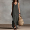 thumbnail image 1 of Qulqfy Womens Summer Dresses Cotton Linen Flowy Maxi Tank Dress Plain V-Neck Dark Gray Casual Side Slit Pleat Vacation Sundress L, 1 of 8