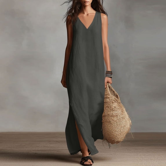 Qulqfy Womens Summer Dresses Cotton Linen Flowy Maxi Tank Dress Plain V-Neck Dark Gray Casual Side Slit Pleat Vacation Sundress L