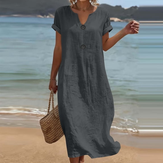 Qulqfy Womens Summer Dresses Cotton Linen V-Neck Midi Shirt Dress Dark Gray Flowy Short Sleeve Casual Pleat Button Down Vacation Sundress 2XL