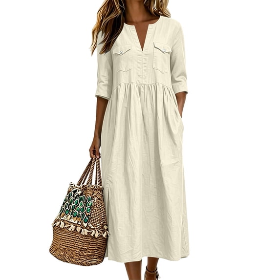 Qulqfy Womens Summer Dresses Cotton Linen White Maxi Shirt Dress V-Neck Short Sleeve Side Slit Casual Flowy Pleat Vacation Sundress with Pockets M