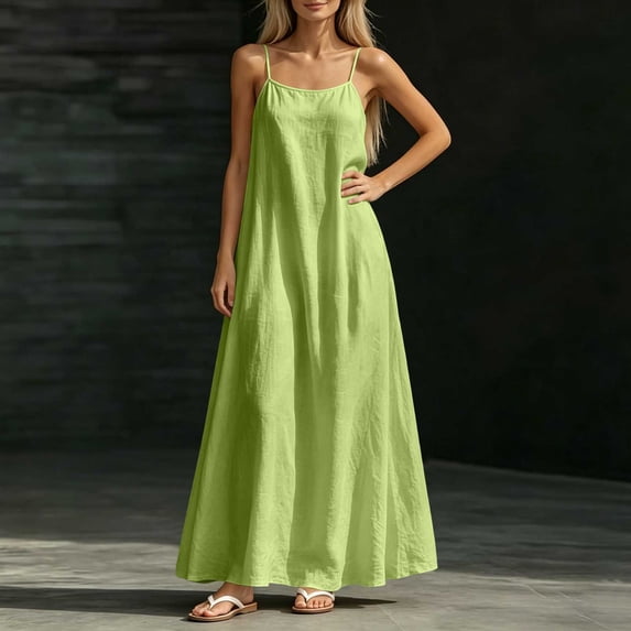 Qulqfy Casual Womens Summer Dresses Green Wedding Guest Maxi Plus Size Sleeveless Flowy Scoop Neck Plain Smocked Spaghetti Strap Beach Long Dresses 2XL