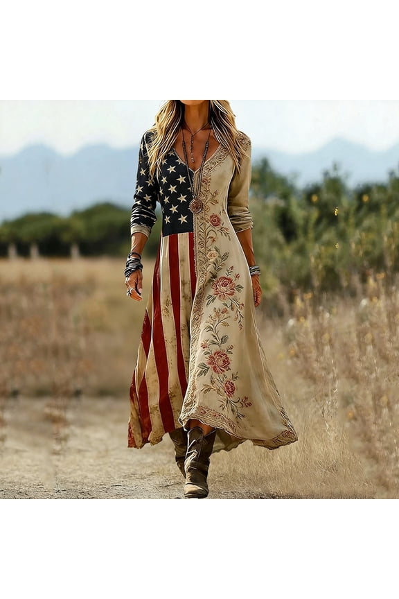 Womens Summer Dresses USA Flag Printed Maxi Flowy Long Sleeve Independence Day Wrap Fall Elegant Casual Boho V-Neck Beach Khaki Sundresses L