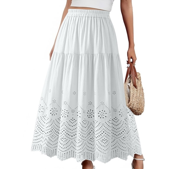 Qulqfy Womens Summer Maxi A-Line Long Skirts Flowy Lace Wrap 100%Cotton Ruched Layered White Skirt OS