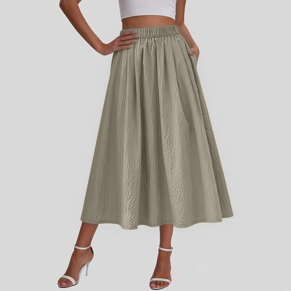 Qulqfy Womens Summer Maxi A-Line Long Skirts Flowy Stretchy Plus Size Army Green Layered Ruched Skirts for Women L