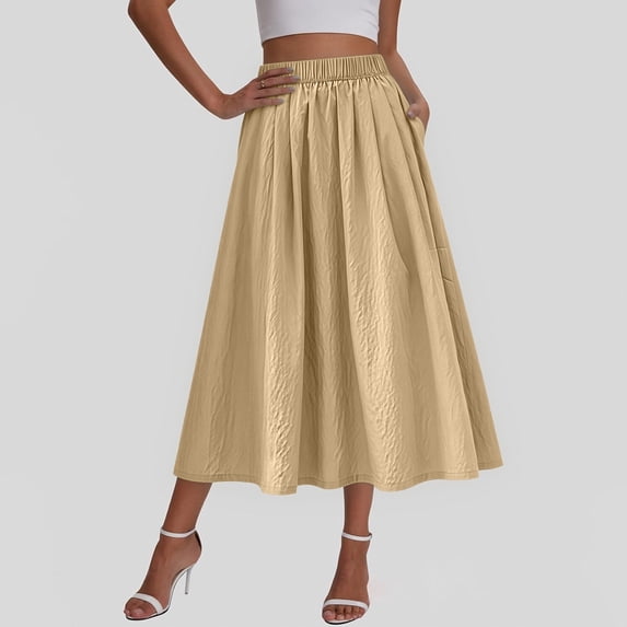 Qulqfy Womens Summer Maxi A-Line Long Skirts Flowy Stretchy Plus Size Ruched Layered Beige Skirts for Women 2XL