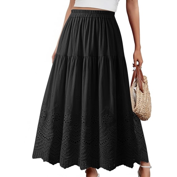 Qulqfy Womens Summer Maxi A-Line Long Skirts Flowy Wrap Lace 100%Cotton Ruched Layered Black Skirt OS
