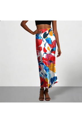 Womens Summer Maxi A-Line Long Skirts High Waisted Boho Wrap Flowy Stretchy Multicolor Skinny Skirts for Women M