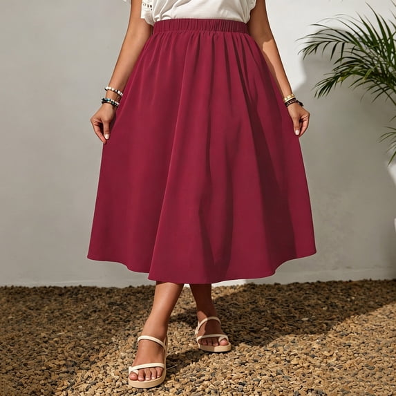 Qulqfy Womens Summer Maxi A-Line Long Skirts Layered Flowy Ruched Plus Size Wine Skirts for Women 5XL