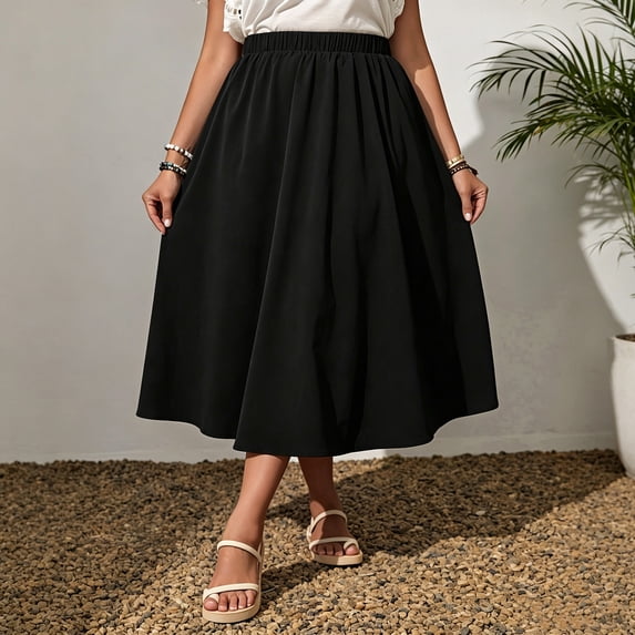 Qulqfy Womens Summer Maxi A-Line Long Skirts Layered Ruched Flowy Plus Size Black Skirt 2XL