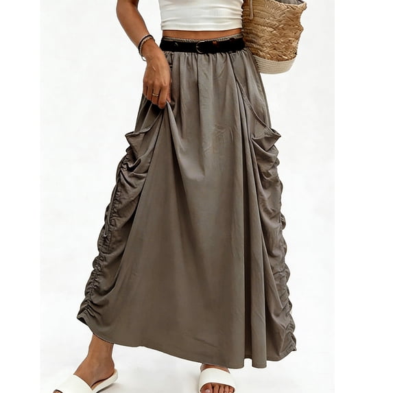 Qulqfy Womens Summer Maxi A-Line Long Skirts Plus Size Flowy Boho with Pockets Gray Drawstring Skirts for Women 2XL