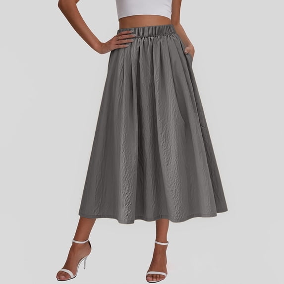 Qulqfy Womens Summer Maxi A-Line Long Skirts Stretchy Flowy Plus Size Dark Gray Ruched Layered Skirts for Women 3XL