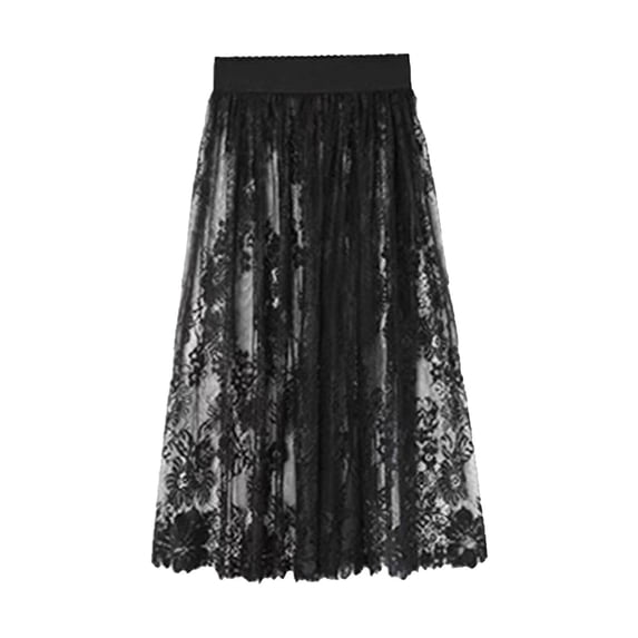 Qulqfy Womens Summer Maxi Half-Slip Long Skirts Stretchy Wrap Ruched Lace Mesh Black Skirt OS