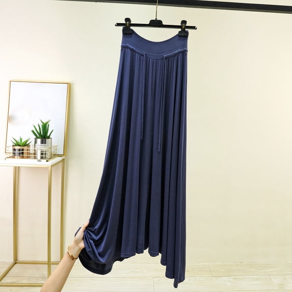 Qulqfy Womens Summer Maxi Peasant Long Skirts Boho Flowy Elegant Plus Size Ruched Navy Skirts for Women L