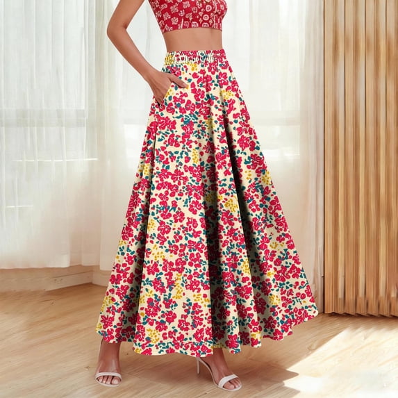 Qulqfy Womens Summer Maxi Peasant Long Skirts Boho Flowy Ruffle Plus Size with Pockets Wine Skirts for Women L