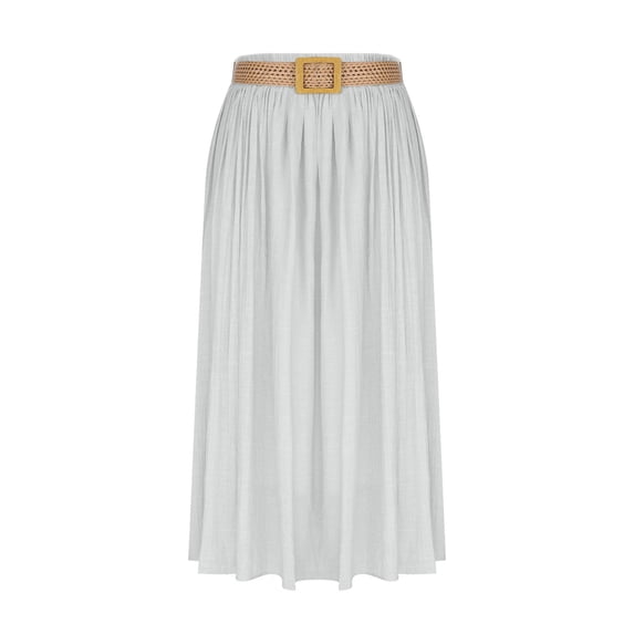 Qulqfy Womens Summer Maxi Peasant Long Skirts Cotton Linen Ruched Stretchy Flowy Belt White Skirt M