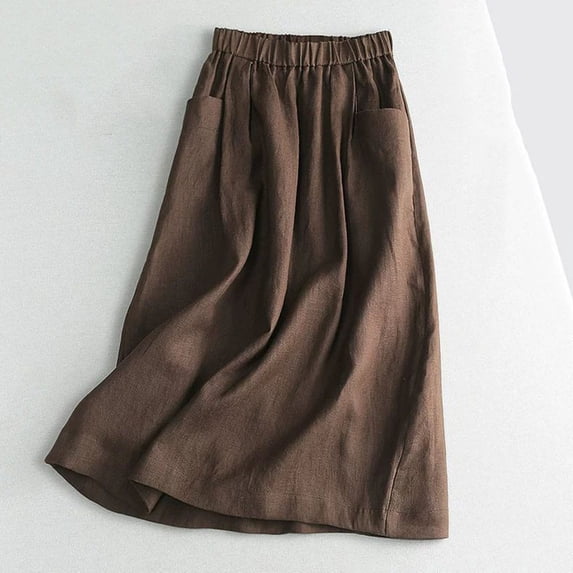 Qulqfy Womens Summer Maxi Peasant Long Skirts Elegant Flowy Boho Plus Size with Pockets Ruched Coffee Skirts for Women L
