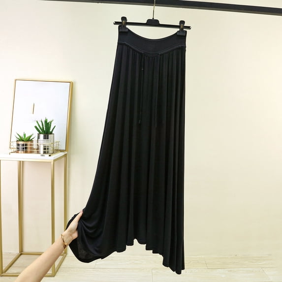 Qulqfy Womens Summer Maxi Peasant Long Skirts Flowy Boho Elegant Plus Size Ruched Black Skirt L