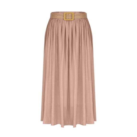 Qulqfy Womens Summer Maxi Peasant Long Skirts Flowy Cotton Linen Stretchy Ruched Belt Pink Skirts for Women L