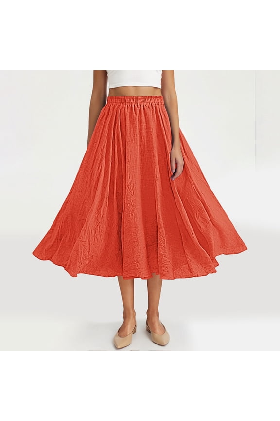 Womens Summer Maxi Peasant Long Skirts Flowy Ruched Ruffle Elastic Waist Orange Skirts for Women OS