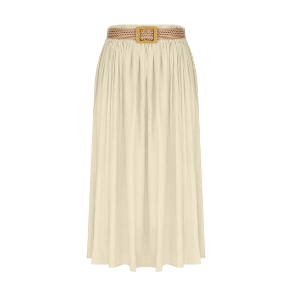 Qulqfy Womens Summer Maxi Peasant Long Skirts Flowy Ruched Stretchy Cotton Linen Belt Beige Skirts for Women L