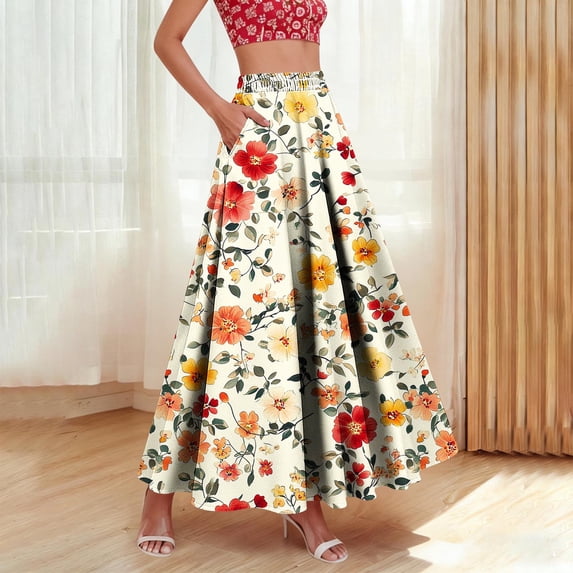 Qulqfy Womens Summer Maxi Peasant Long Skirts Plus Size Boho Ruffle Flowy with Pockets Beige Skirts for Women L