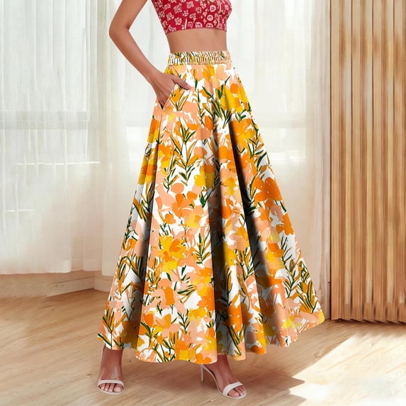Qulqfy Womens Summer Maxi Peasant Long Skirts Plus Size Ruffle Flowy Boho with Pockets Orange Skirts for Women L