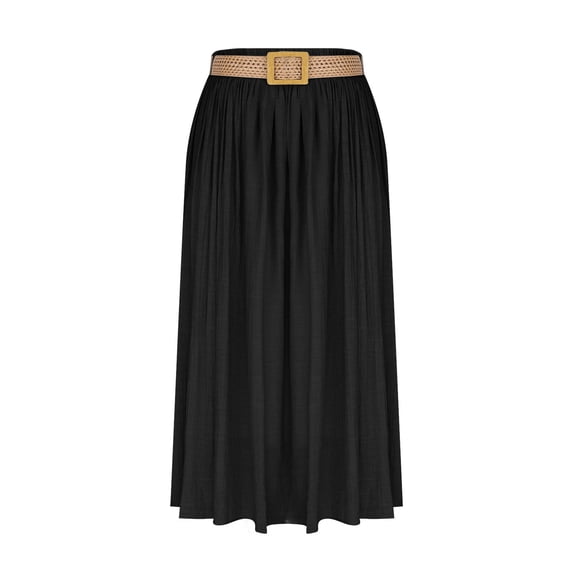 Qulqfy Womens Summer Maxi Peasant Long Skirts Stretchy Flowy Ruched Cotton Linen Belt Black Skirt S
