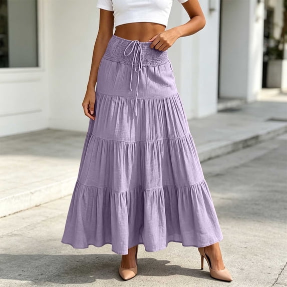 Qulqfy Womens Summer Maxi Pleated Long Skirts Boho Flowy Ruffle Drawstring Purple High Waisted Skirts for Women S