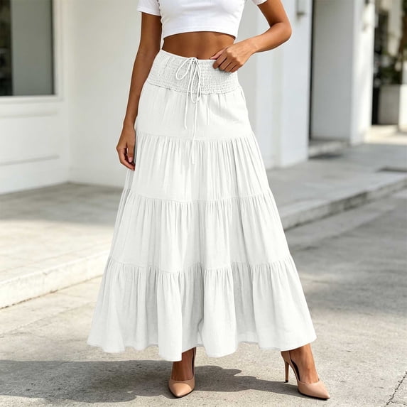 Qulqfy Womens Summer Maxi Pleated Long Skirts Boho Ruffle Flowy Drawstring High Waisted White Skirt S