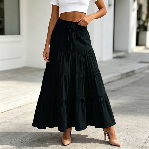 Qulqfy Womens Summer Maxi Pleated Long Skirts Flowy Boho Ruffle Drawstring High Waisted Black Skirt L