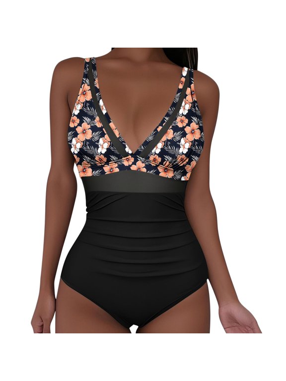Womens Swimsuits One Piece Tummy Control Modest Bikini Smocked Floral V Neck Slimming Swimwear Bathing Suits for Women Over 60 S