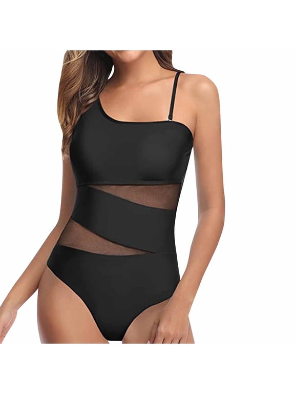 Womens Swimsuits One Piece Tummy Control Modest One Shoulder Bikini Slimming Mesh Swimwear with Built in Bra Bathing Suits for Women Over 60 L