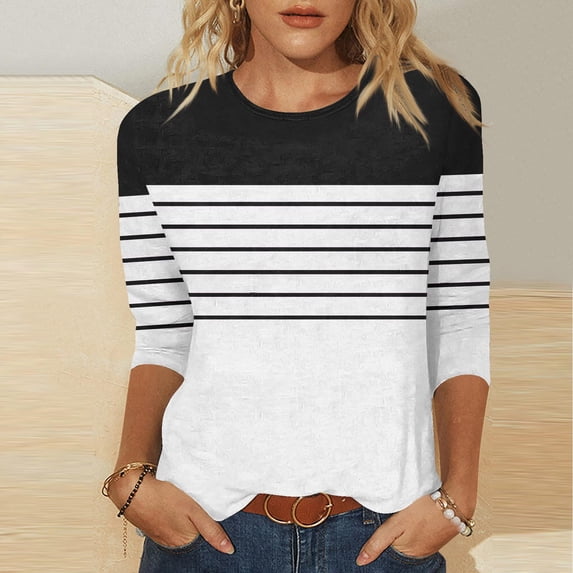Qulqfy Womens T Shirts 3/4 Length Sleeve Crew neck Causal Slim Fit Tunic Basics Raglan Dressy Vacation Going Out Tops for Women L