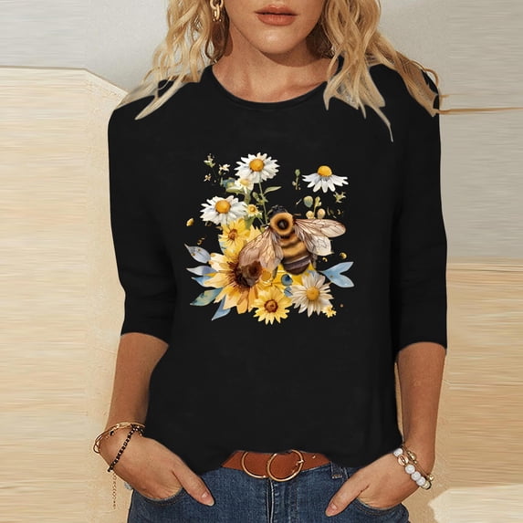 Qulqfy Womens T Shirts Crew neck Slim Fit 3/4 Length Sleeve Causal Tunic Raglan Basics Vacation Women Summer Tops L