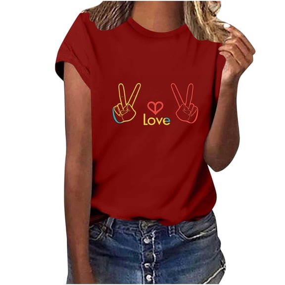 Qulqfy Womens T Shirts Red Love Print Short Sleeve Shirts Spring Summer Graphic Crew Neck Tees M